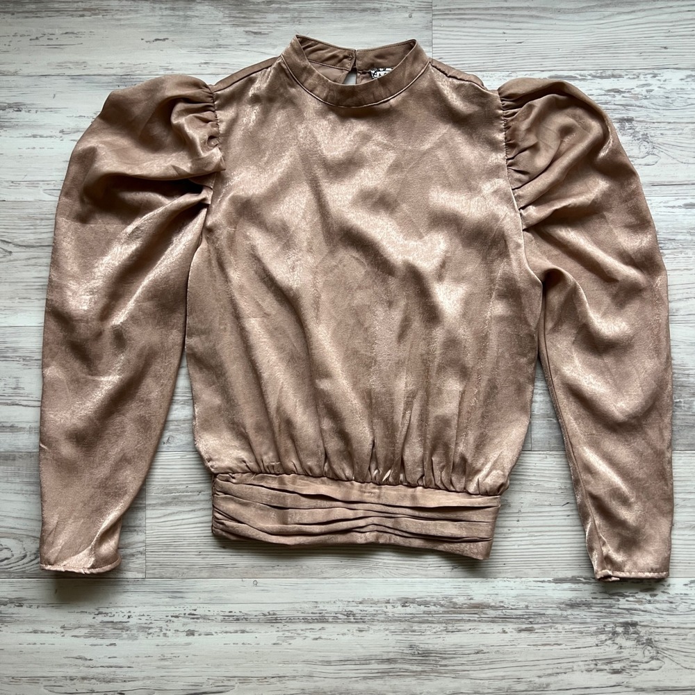 A. CALIN by Flying Tomato Puff‎ Sleeve Satin Blouse Taupe Mock Neck Top M AT1863